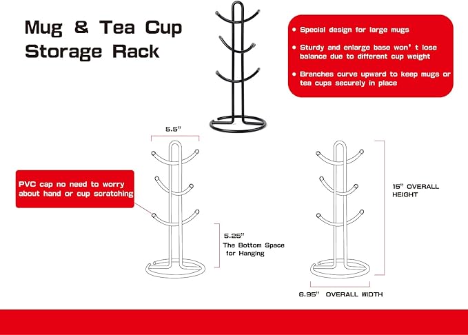 FitWell Mugs Holder, Mug Tree, Coffee Mug Holder, Coffee Mug Tree, Mug Organizer for Cabinet, Mug Holder Stand, Coffee & Tea Cup Storage Rack (Black, 6 Mugs (15"H))-NeatNest