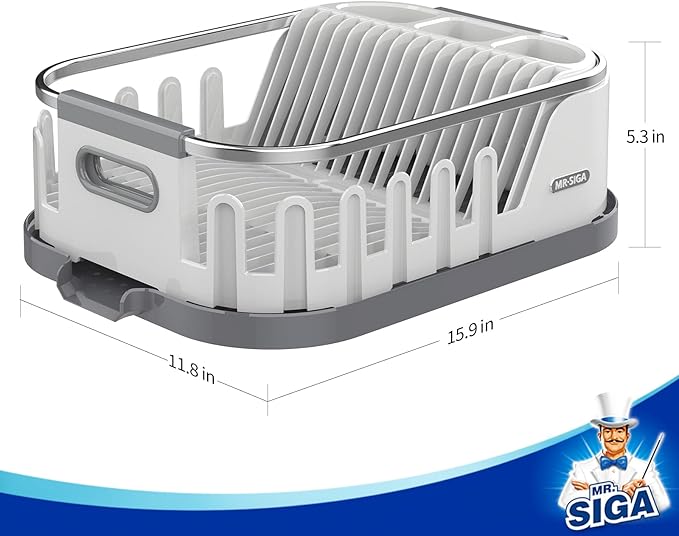 MR.SIGA Dish Drying Rack for Kitchen Counter, Compact Dish Drainer with Drainboard, Utensil Holder and Cup Rack, Plastic Kitchen Drying Rack for Dishes, Cups, Knives, Spoons and Forks, White