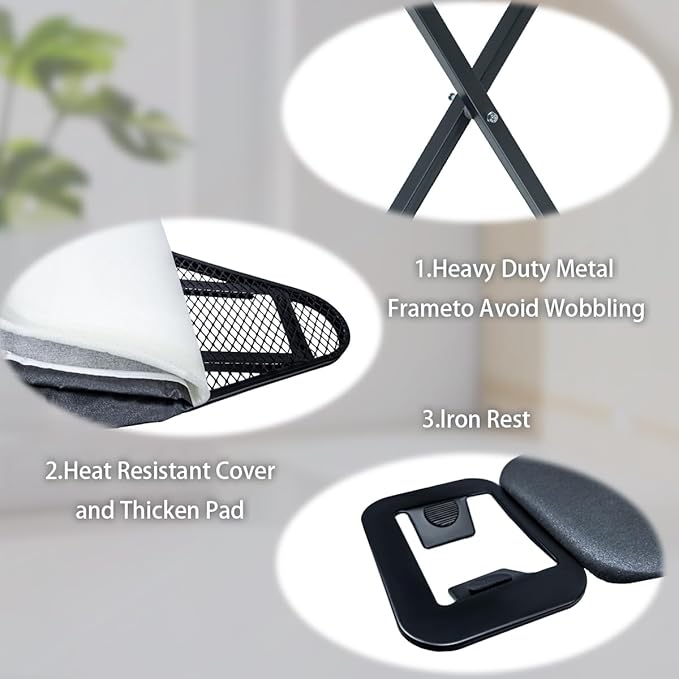 Duwee 12"x36" Ironing Board with Heat Resistant Cover and Thicken Felt Pad, Folding Adjustable Height Compact Ironing Board,Light Weight,Easy to Storage,Black