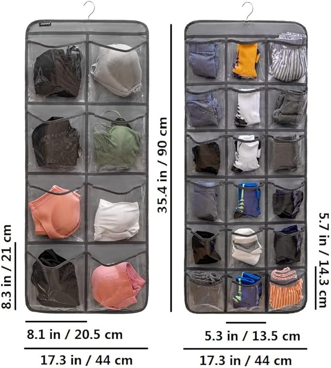 Dual-Sided Hanging Closet Organizer for Socks Underwear Bra Kids Storage Organizer for Baby Clothes Toddler Shoes with 26 Pockets (Grey-Clear Pockets)-NeatNest