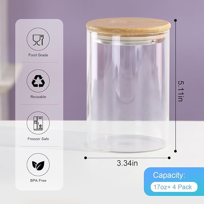 4 Pack Overnight Oats Containers with Bamboo Lids,16 Oz Glass Jars with Airtight Lids for Oats, Cereal, Yogurt, Chia Seed Pudding.Salad Jars Meal Prep