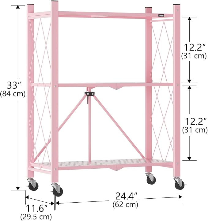 ALANNG Storage Shelves with Wheels, Bookshelf with Storage, No Assembly Metal Rack Shelf for Kitchen, Office, Laundry, Garage (3 Tier, Pink)