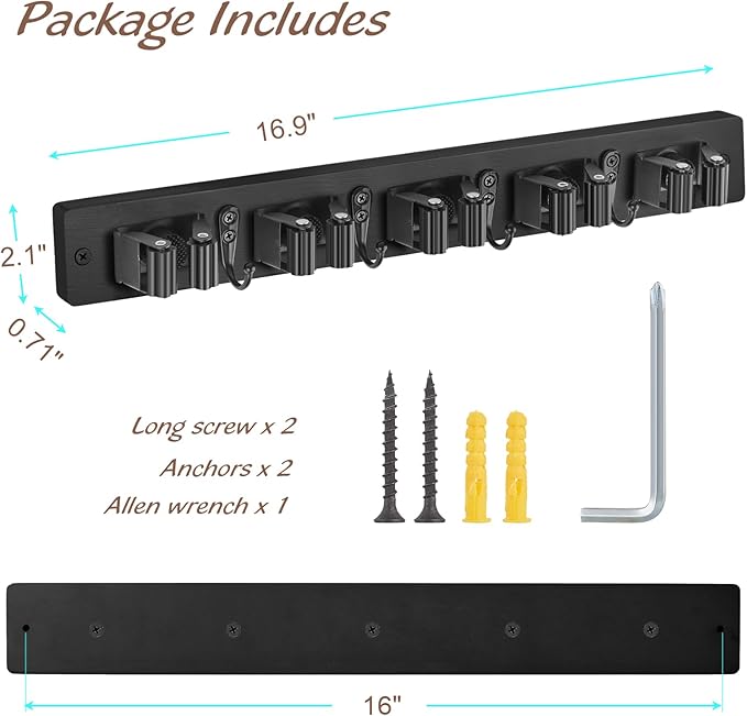 Mop and Broom Holder Wall Mount - Black Broom Mop Hanger - Wall Mounted Garden Tool Rack Organizer for Closet Garage Laundry Room Kitchen Decor With 5 Slots & 4 Hooks-NeatNest