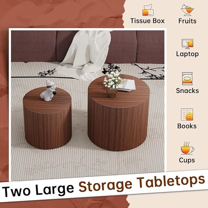 Round Nesting Coffee Table Set of 2 Modern Walnut Round Coffee Table Small End Table Side Table Circular Coffee Tables Circle Nested Coffee Tables for Living Room (Walnut)