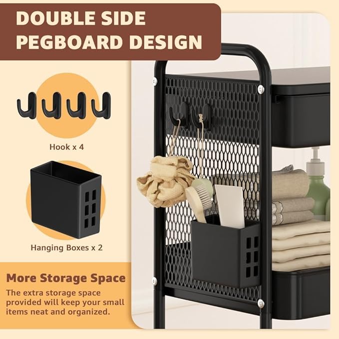3 Tier Rolling Cart with Drawer, Metal Rolling Utility Cart on Wheels with Pegboard, Art Cart Storage Organizer with Tabletop for Living Room, Office, Bedroom (Black)-NeatNest
