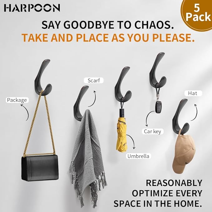 HARPOON 5 Piece Heavy Duty Hook,Wall Mounted Rustproof Coat Hook,Utility Hooks for Coat, Scarf, Bag, Towel, Key, Cap, Cup, Hat 3.5inch Oil Rubbed Bronze