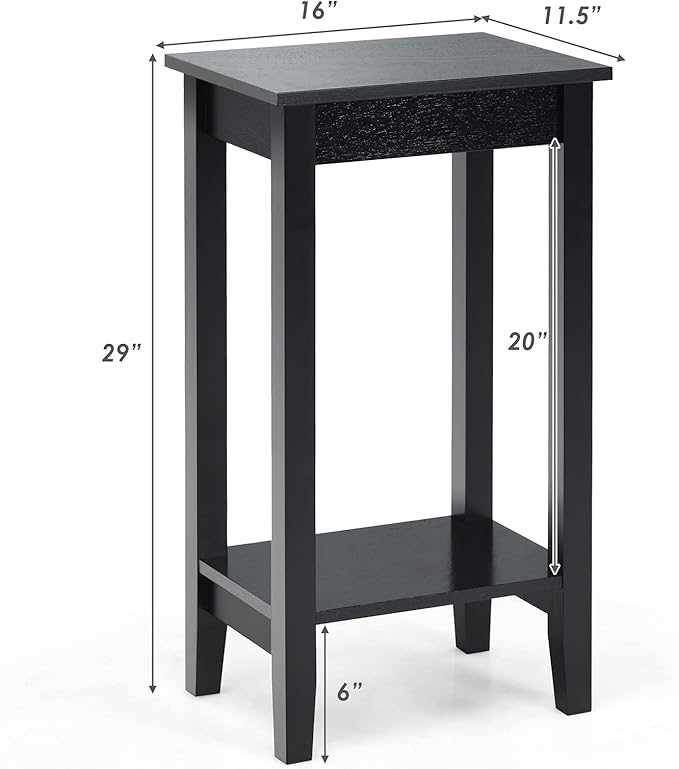 Giantex 2-Tier End Table Tall Nightstand, Simple Design Sofa Bedside Table with Versatile Shelf and Wooden Legs for Small Spaces, Living Room, Study, Bedroom, Narrow Telephone Table, Black