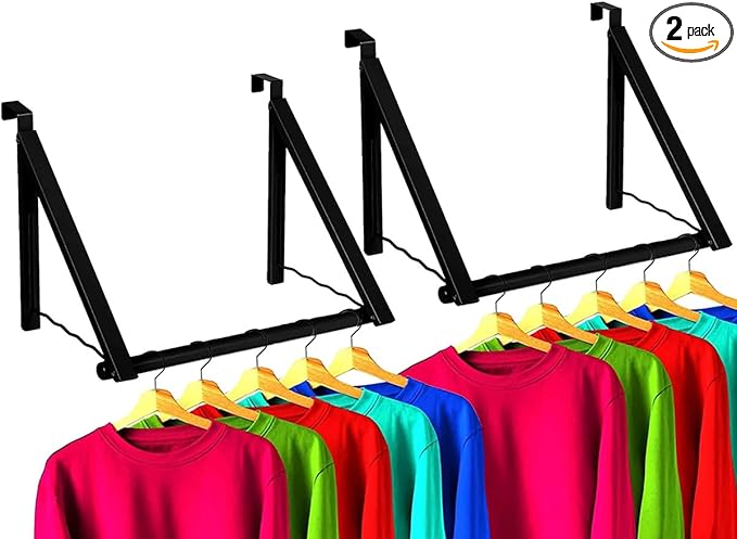 HOLDN’ STORAGE Over The Door Hanger - Foldable Rack Organizer for Hanging Clothes, Coats & Towels, Ideal for Dorm Rooms, Laundry, Bathrooms, Etc - Holds up to 35 LBs, Collapsible - Black (2 Pack)