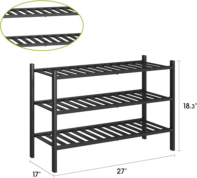 BMOSU 3-Tier Bamboo Shoe Rack Premium Stackable Shoe Shelf Storage Organizer for Hallway Closet Living Room Entryway Organizer (Black Bamboo)-NeatNest