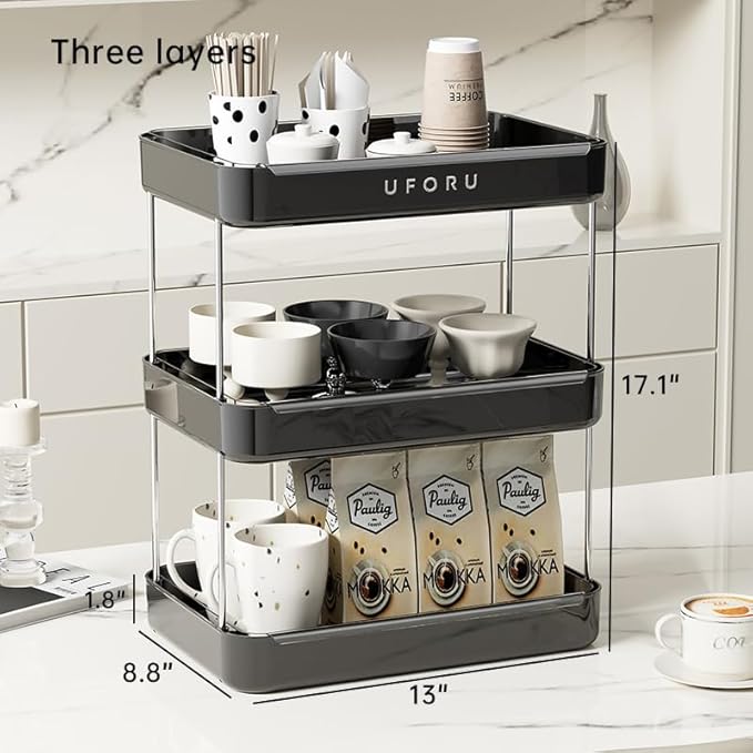 Countertop Coffee Station Organizer, 3 Tier Wine Glass Holder, Mug Shelf with Removable Drain Tray, Spice Rack for Kitchen, Bathroom Countertop Organizer, Black-NeatNest
