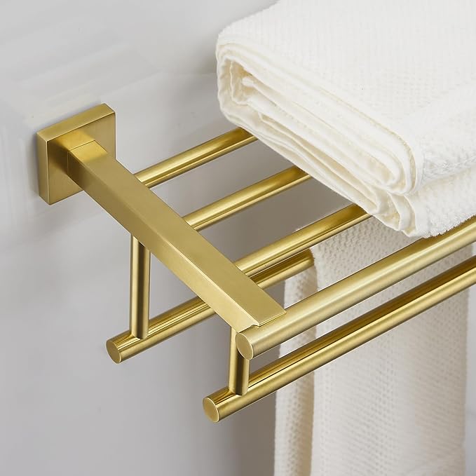 Bathroom Towel Rack with Double Towel Bar Bathroom Hotel Shower Shelf SUS304 Stainless Steel Modern Wall Mounted Holder 28 Inch Brushed Gold