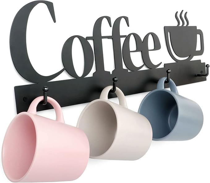 HULISEN Coffee Mug Wall Rack, Coffee Cup Holder Wall Mounted with 12 Heavy Duty Hooks and Metal Coffee Sign, Rustproof Tea Cup Hanger Display Decor for Coffee Bar, Kitchen, Office-NeatNest