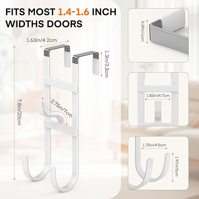 FYY Over The Door Hooks - 2 Pack Heavy Duty Triple-Hook Organizer Hanger with Non-Slip Rubber for Towels, Clothes, Hats & Bags Use in Bathroom, Bedroom, Kitchen - Fits Interior Doors Up to 1.6" White