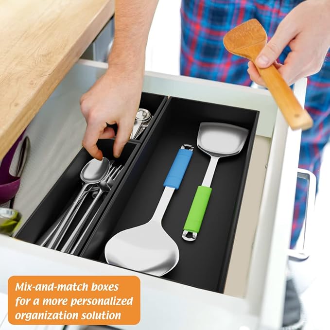 Black Bamboo Drawer Organizer - Silverware&Utensil Holder Organizer for Kitchen Drawers, Multi-Use Drawer Dividers Boxes for Bathroom Counter,Cabinet, Garage, Office Desk, Makeup, Jewelry (9"3"2.5")-NeatNest