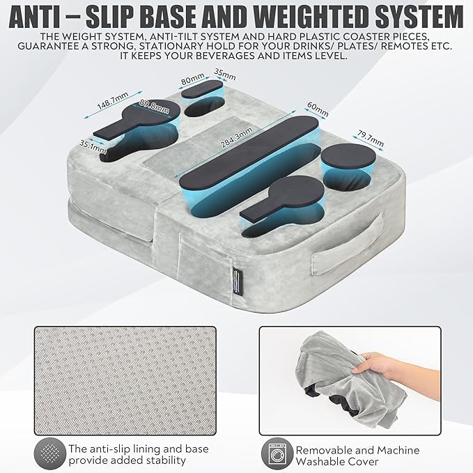 Couch Cup Holder Tray Pillow - Bed, Couch Caddy, Sofa, RV & Car - Holds Drinks, Snacks, Remotes, Phones, Kindle, Tablet | Bed Cup Holder (Grey)-NeatNest