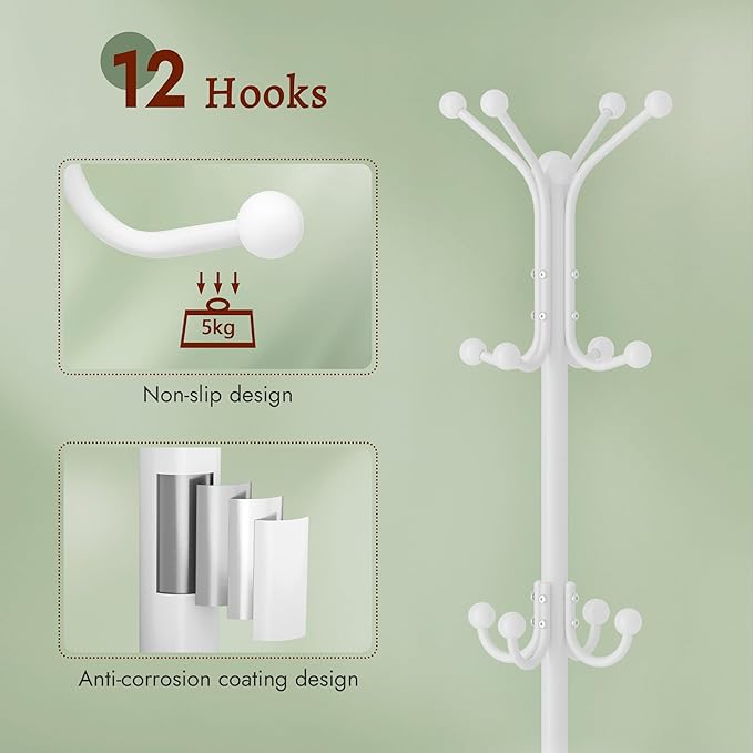 FAVOOSTY Coat Rack Freestanding,Coat Rack Stand with Umbrella Holder,Metal Coat Tree with 12 Hooks,Tree Clothes Hat for Entryway, Hallway, Bedroom, Living Room & Office -White-NeatNest