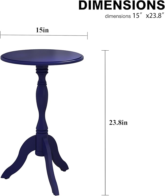 HLR Round Small End Table, Wooden Pedestal Side Coffee Tables, Vintage Accent Nightstand for Living Room, Bedroom, Entryway, Dark Blue