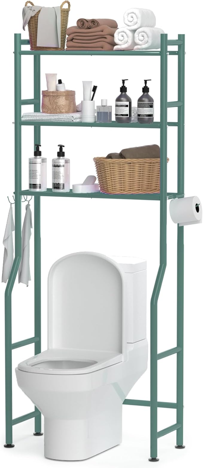 3 Tier Over The Toilet Storage Rack with 2 Basket, Metal Freestanding Bathroom Shelves Toilet with Paper Holder and 4 Hooks, Over Toilet Storage Shelf for Bathroom Storage, Green-NeatNest
