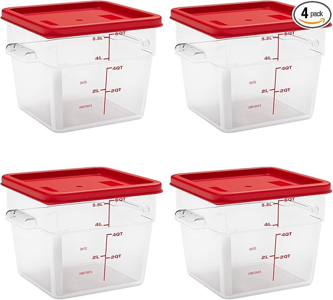 6 Quart Set of 4 Food Storage Containers,Food Containers with Lids and Handles,Square Commercial Food Containers for Kitchen, Restaurant,Refrigeration etc