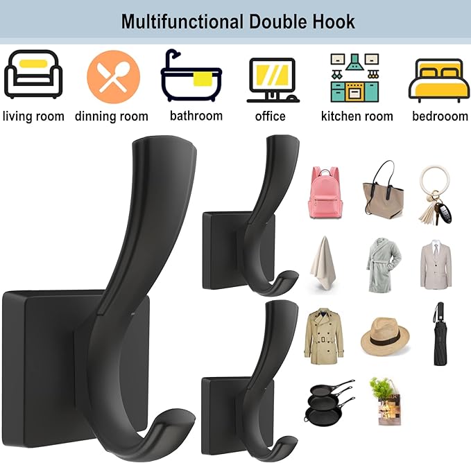 Black Coat Hooks for Wall Hanging, Bath Robe Hook Heavy Duty Thick Towel Hooks, Wall Mount Hooks Bathroom Entryway Mudroom Hooks for Hanging Coats Key Robe Hat Backpack (12 Pack, Black)-NeatNest