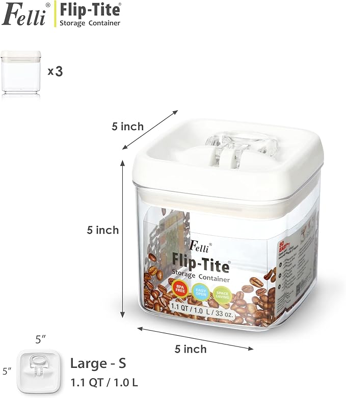 Felli Flip Tite Food Storage Container 5" LARGE Size Airtight Lid Lock Top, Stackable Kitchen Canister for Space Saving, Pantry Fridge Cupboard Organizer, Spice Seasoning Pet Treats Snack (1.1 qt)-NeatNest