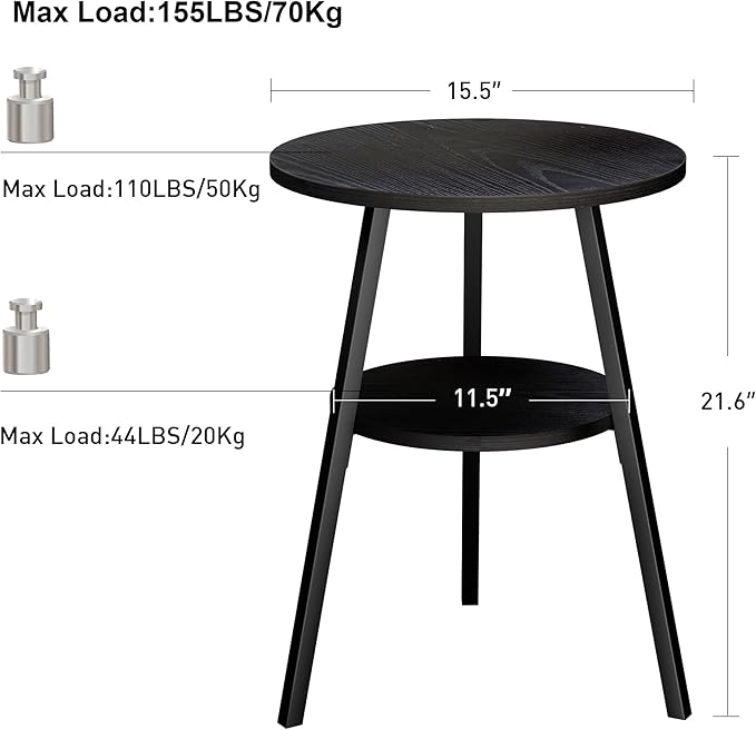 INHABIT UNION Round Side Table 2 Tier End Table Small Accent Table Black Sofa Table for Living Room/Bedroom, with Wooden Boards Storage