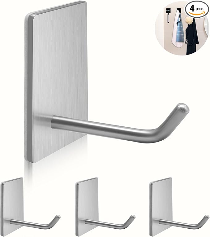 Adhesive Hooks Heavy Duty, Long Stainless Steel Self Adhesive Wall Hook, Sticky Towel Hangers for Kitchen Bathroom, Waterproof Stick on Door Hooks for Hanging Key Hat Coat 4Packs