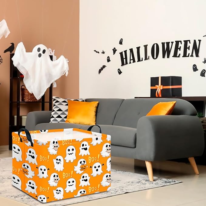 CLOCOR Rectangular Storage Basket Empty, Gift Basket for Halloween, Waterproof Storage Bin with Handles, Room Decor(Boo Ghosts)-NeatNest