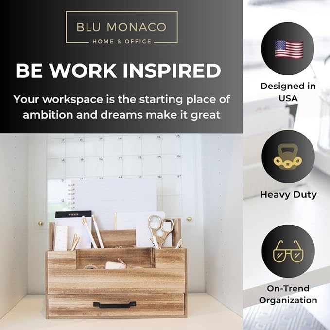 BLU MONACO Natural Wood Mail Organizer with Drawer, 5 Compartments, Desk Organizer for Women Office Desk Organization, 12.9x5.7x9 inches, 4.1 pounds-NeatNest