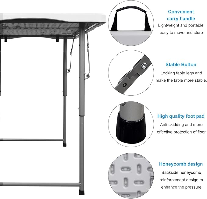 Folding Table 4 Foot Height Adjustable Fold-in-Half Table with Carrying Handle, Small Card Table Indoor Outdoor Use, White-NeatNest