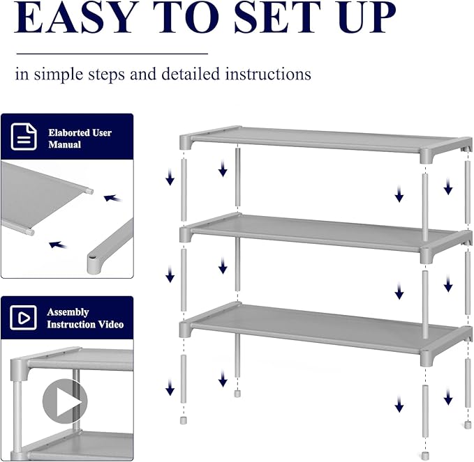 Kitsure Shoe Rack - Non-Woven Shoe Rack Shelf, Shoe Organizer for Closet, Entryway, Garage & Corridor, Stackable Shoe Shelves, Medium, Grey