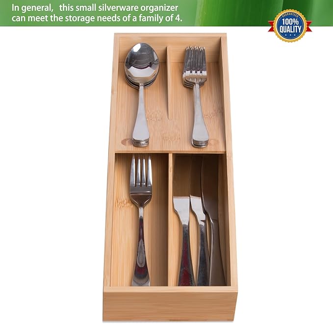 Bamboo Silverware Drawer Organizer, Kitchen Small Silverware Organizer, Utensil Tray Holder, Cutlery Tray for Spoons, Forks, Knives, Suitable for a family of 2-4-NeatNest