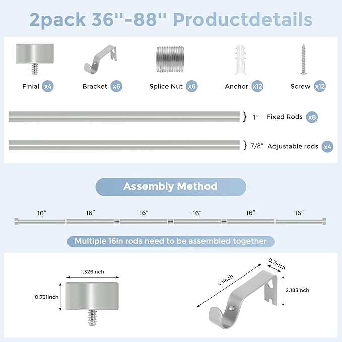2 Pack Curtain Rods for Windows 48 to 84 Inch(4-7 Feet),Silver 1'' Diameter Drapery Rods with End Cap Style Design,Modern Adjustable Heavy Duty Curtain Rod,Size:36''-88''