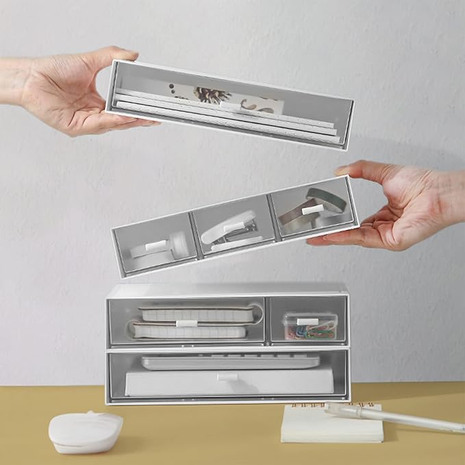 Desk Organizer-Stackable Storage Drawers, Plastic Compact Desk Storage Box Perfect for Collection Small Item/Cosmetic Office Organizer - 3 drawers (White)-NeatNest