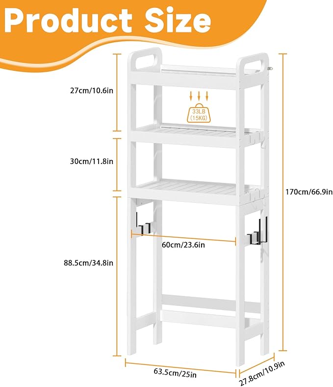 3 Tiers Over The Toilet Storage Shelf, Space Saver Bathroom Organizer Shelves with Toilet Paper Holder and Hooks, Freestanding Toilet Rack for Washroom Balcony (White)