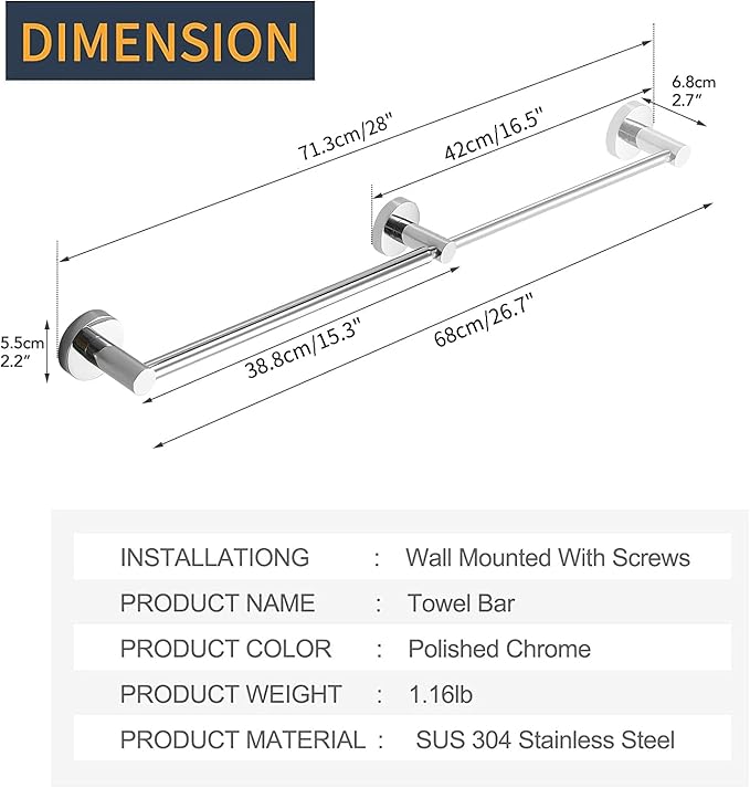 BESy Adjustable 15.9 to 28.6 Inch Single Bath Towel Bar Rack for Bathroom Accessories SUS304 Stainless Steel Towel Holder, Wall Mount with Screws Hand Towel Bar Rod Hotel Style, Polished Chrome-NeatNest