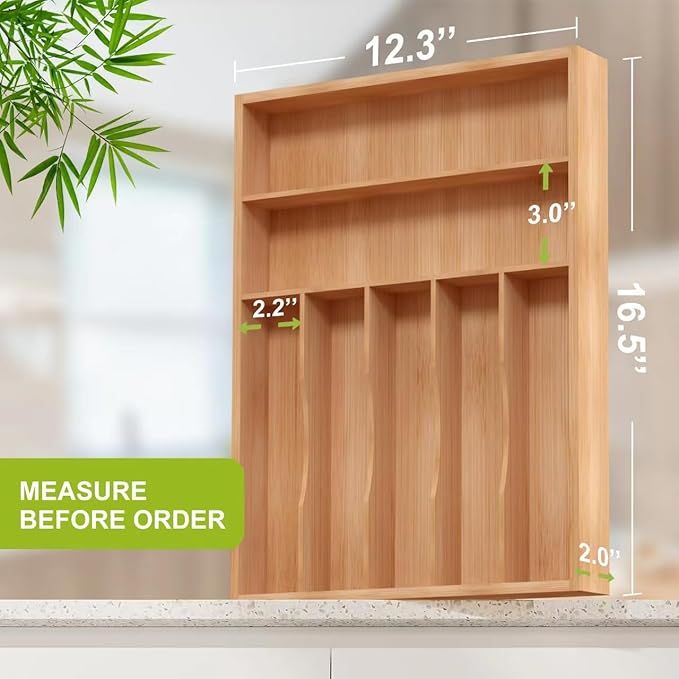 Bamboo Utensil Drawer Organizer, Silverware Tray Organizer, Kitchen Drawer Organizer for Flatware Cutlery, Silverware Tray for Drawer (brown, Large 16.5x12.3 Inch)-NeatNest
