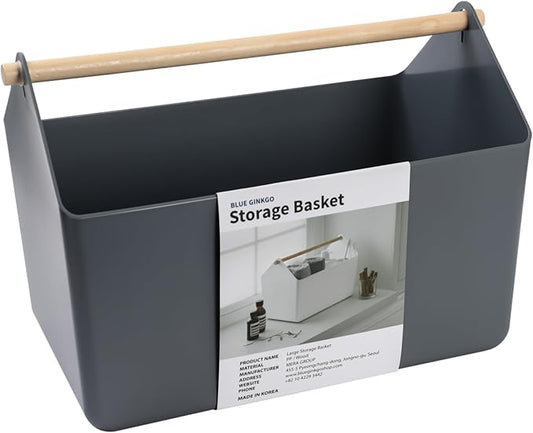 BLUE GINKGO Large Storage Basket – Plastic Caddy with Wooden Handle for Bathroom, Pantry, or Cleaning Supplies (Gray)-NeatNest