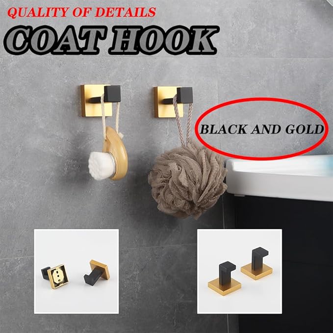 GERZWY Bath Single Coat Hook Stainless Steel Wall Mounted Robe Clothes Hook for Bathroom Modern Style (Black & Gold) FG1607-2BD