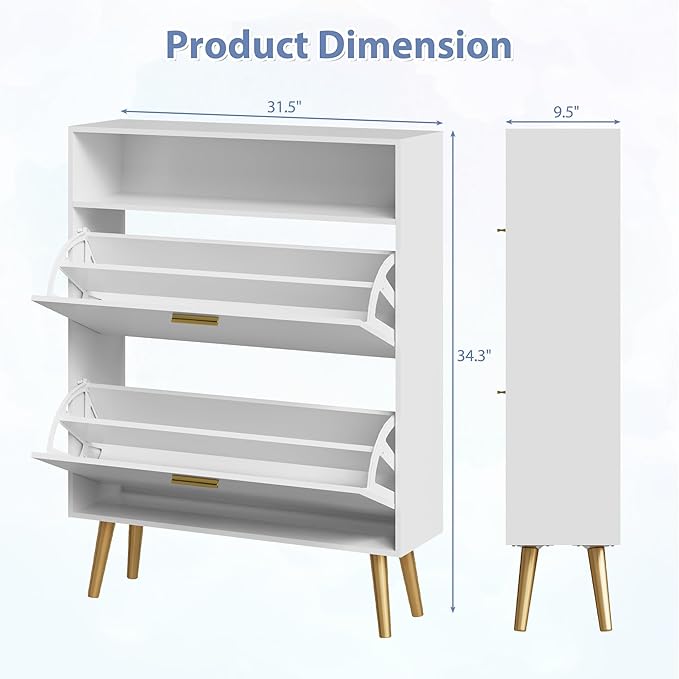 Entryway Shoe Cabinet, White Shoe Storage Cabinet with 2 Flip Doors and Shelf, Narrow Hidden Shoe Organizer Cabinet Slim, Freestanding Shoe Rack for Entryway, White-NeatNest