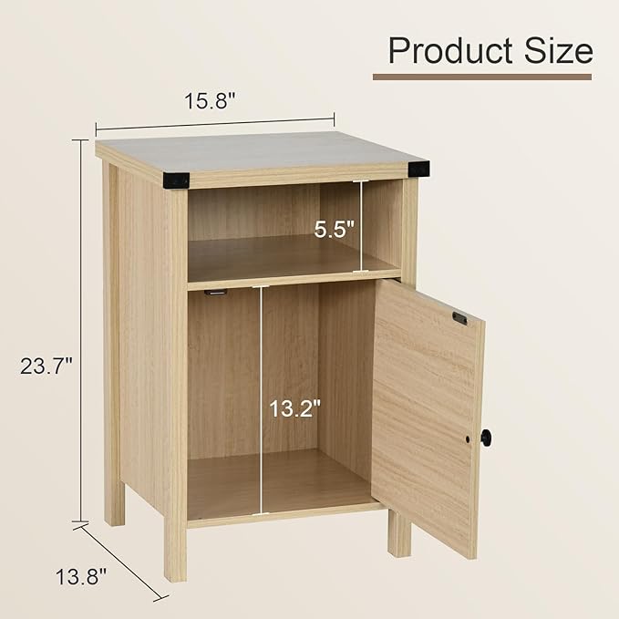 Farmhouse End Table, Side Table, Nightstang, End Table with Barn Door and Shelf, Rustic Modern Bed Night Stand for Bedroom, Living Room, Natural