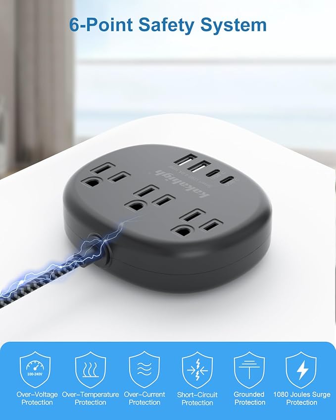 Black Extension Cord 10 Feet, 1625W Extension Cord 3 Prong with 3 AC Outlet 4 USB (24W/4.8A), Bedside Charging Station for Home, Office and Dorm-NeatNest