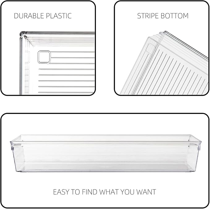 Backerysupply 4 Pack Storage Bins For Bathroom Cosmetic Makeup Vanity Clear Plastic Desk Drawer Organizers Tray Kitchen Utensils Silverware Dividers 15"x6"x2"-NeatNest