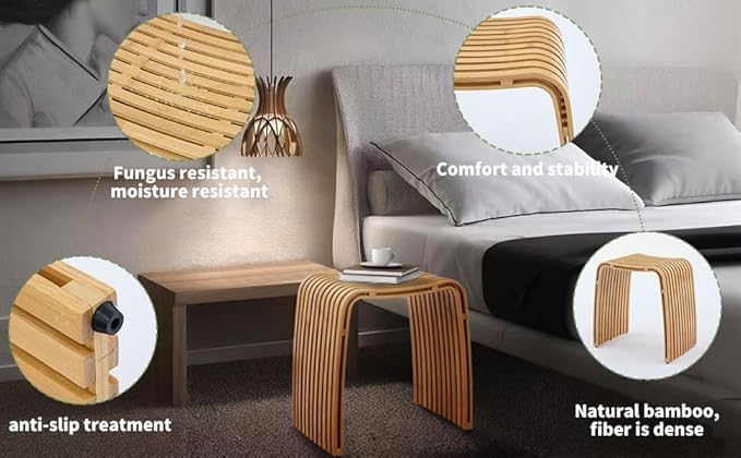 Bamboo Bathroom and Dining Stool, Bamboo Bench, Durable and Beautiful Designed for Bathroom Room, Dining Room, Living Room and Bedroom,