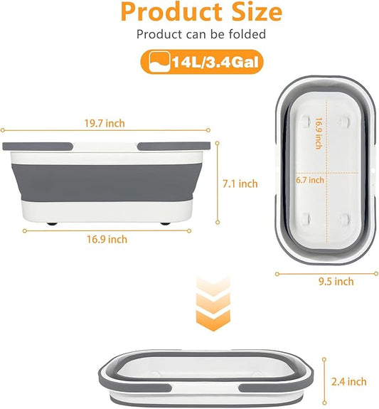 Collapsible Bucket with Wheels 14L (3.7 Gallon) - Versatile and Durable for House Cleaning, Camping, and RV - Convenient Rectangular Mop Cleaning Basket - Lightweight & Compact (14L-Grey)-NeatNest