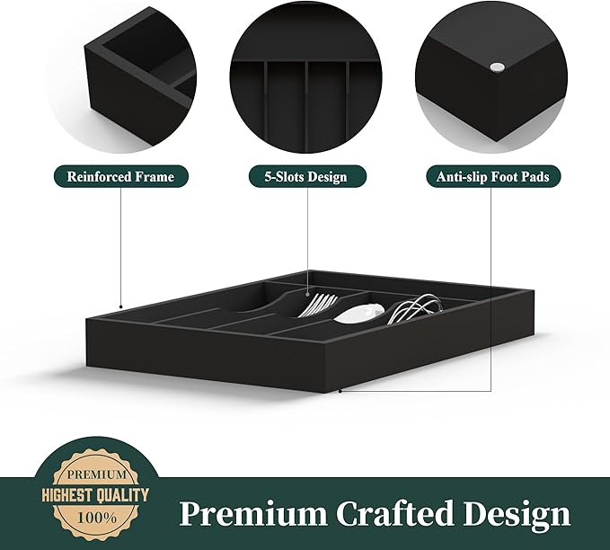 Bamboo Silverware Organizer, Kitchen Drawer Organizer, Utensil Holder, Cutlery Tray & Spoon Flatware Storage with Grooved Drawer Dividers ((5 Slots, Black)-NeatNest