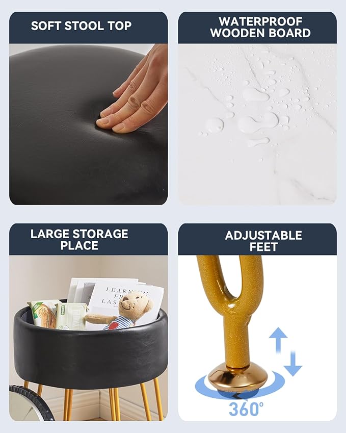 IBUYKE Faux Leather Round Footrest Stool with Storage Ottoman, Makeup Vanity Chair Side Table, PU Dressing Table Seat, Removable Cover, Golden Steel Legs, Black WBD024B