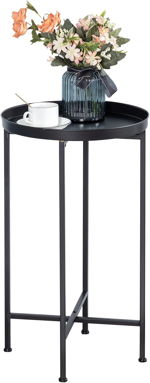 HollyHOME Small Round Metal Waterproof End Table, Accent Indoor&Outdoor Coffee Side Table, Snack Sofa Table for Living Room, Anti-Rust Decorative Plant Stand, (D) 14.5" x (H) 25", Black-NeatNest