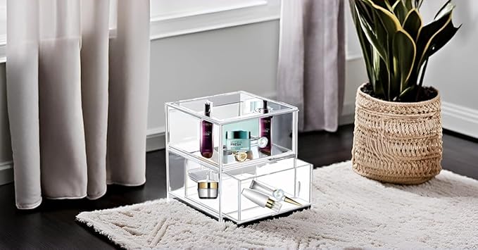 Acrylic Jewelry Box Clear Jewellery Storage Drawer Transparent Cosmetic Display Stand Holder Home Organizer Tray for Earring Necklace Rings Bracelet Makeup (2 drawer)-NeatNest
