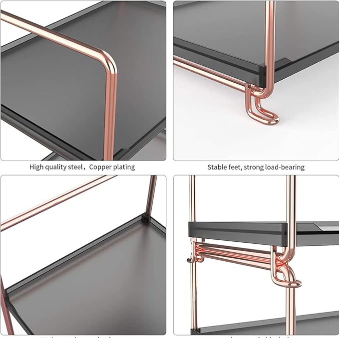 2-Tier Bathroom Countertop Organizer, Vanity Tray Cosmetic & Makeup Storage, Kitchen Spice Rack Standing Shelf, Corner Storage Shelf, Rose Gold&Black-NeatNest